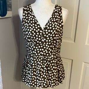 J Crew sleeveless silk look brown white polka dot peplum top 8 EUC